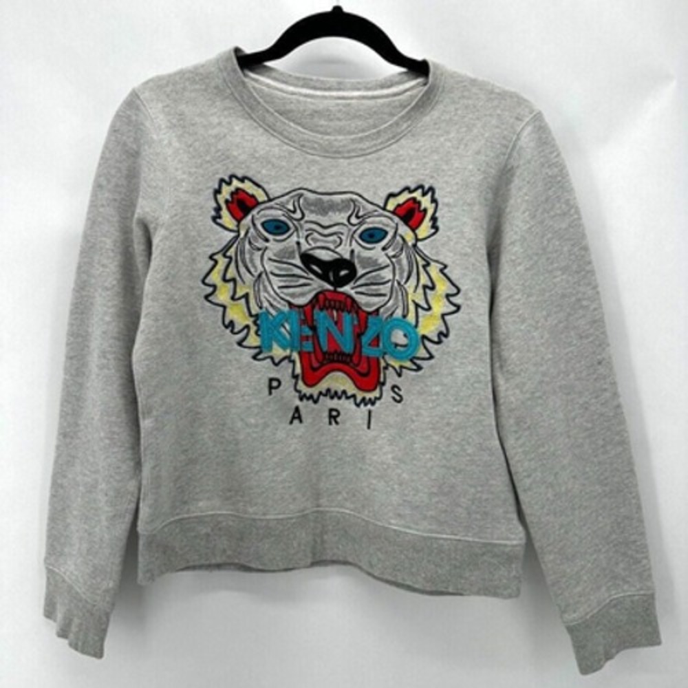 Kenzo Paris Tiger Sweatshirt Womens XS‎ Gray 3D Embroidered Preppy Street City